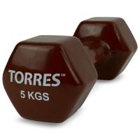 Гантель TORRES 5 кг, PL522207, металл в виниловой оболочке, форма шестигранник, коричневый