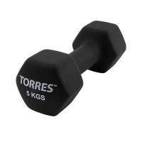 Гантель TORRES 5 кг, PL55015, металл в неопреновой оболочке, форма шестигранник, черный